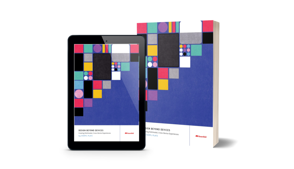 The print and digital copies of Design Beyond Devices - both feature a graphic design with blue background and blocky print depicting a figure ascending a staircase of technology inspired by the Star Trek LCARS interface.