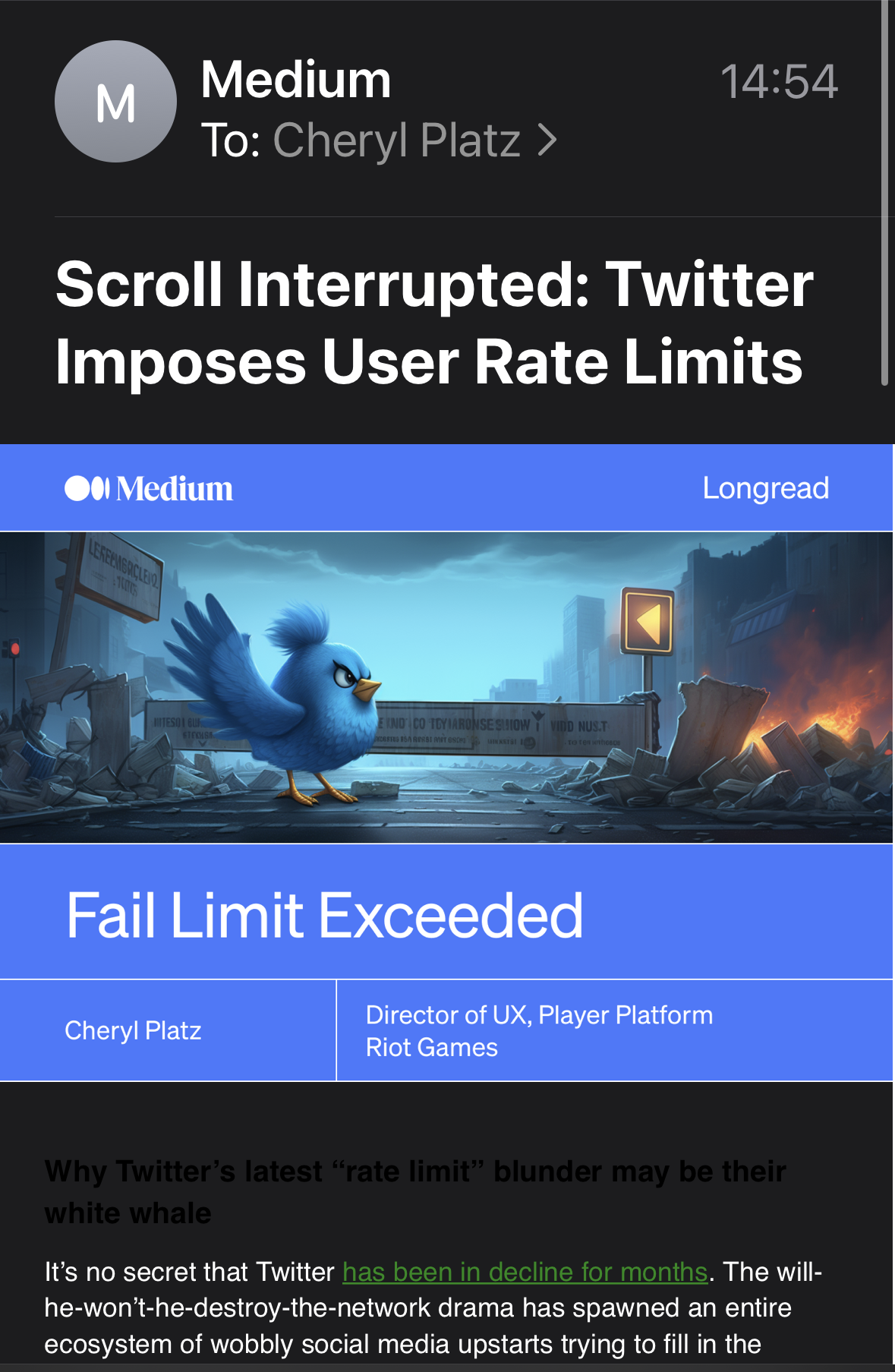 A screenshot of Cheryl's Medium post as distributed to the Medium Longreads newsletter, with the title "Scroll Interrupted: Twitter Imposes User Rate Limits" and a custom piece of artwork.